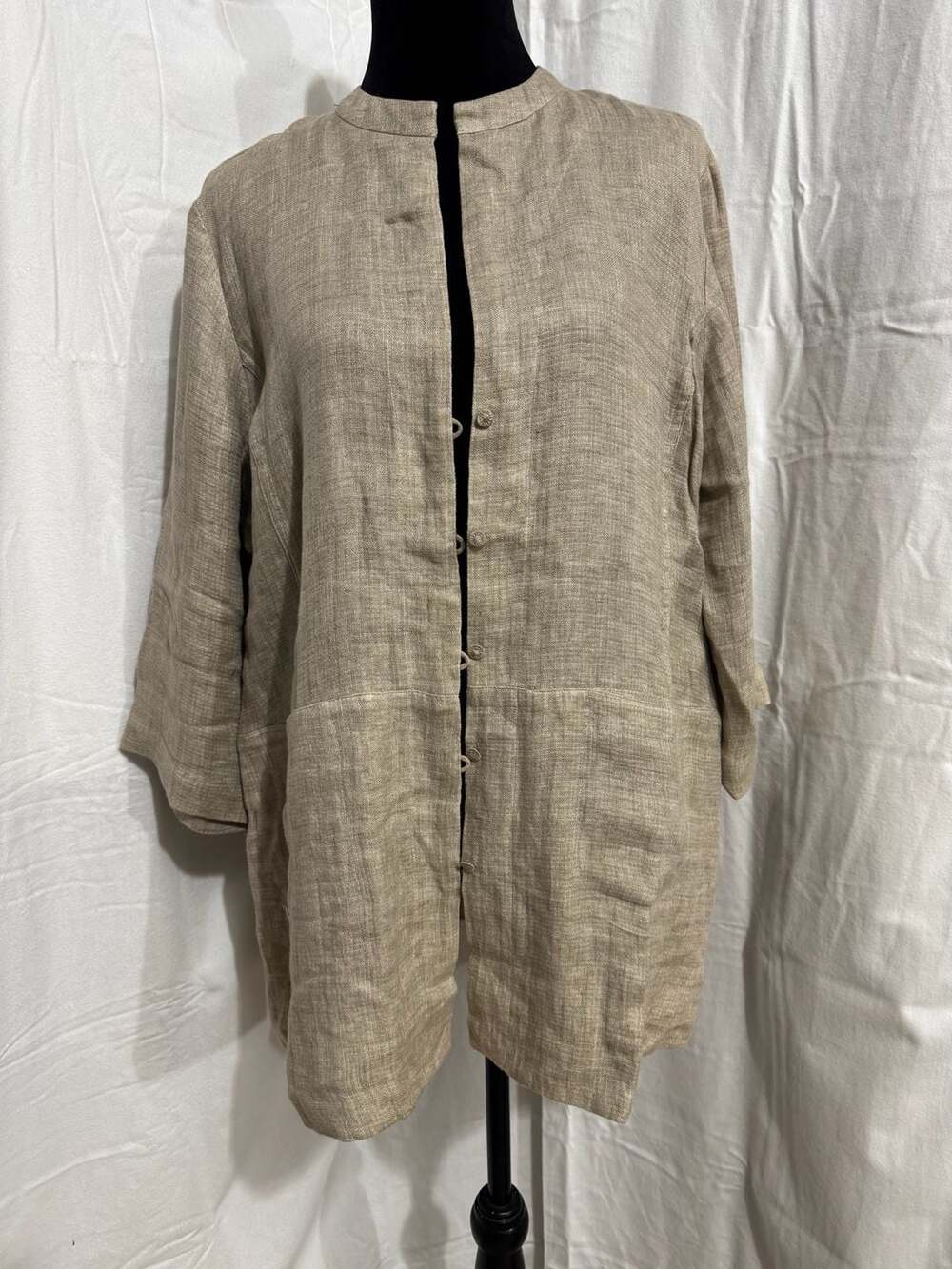 Eileen Fisher Women's Tan Linen Mandarin Collar Button-Up Jacket